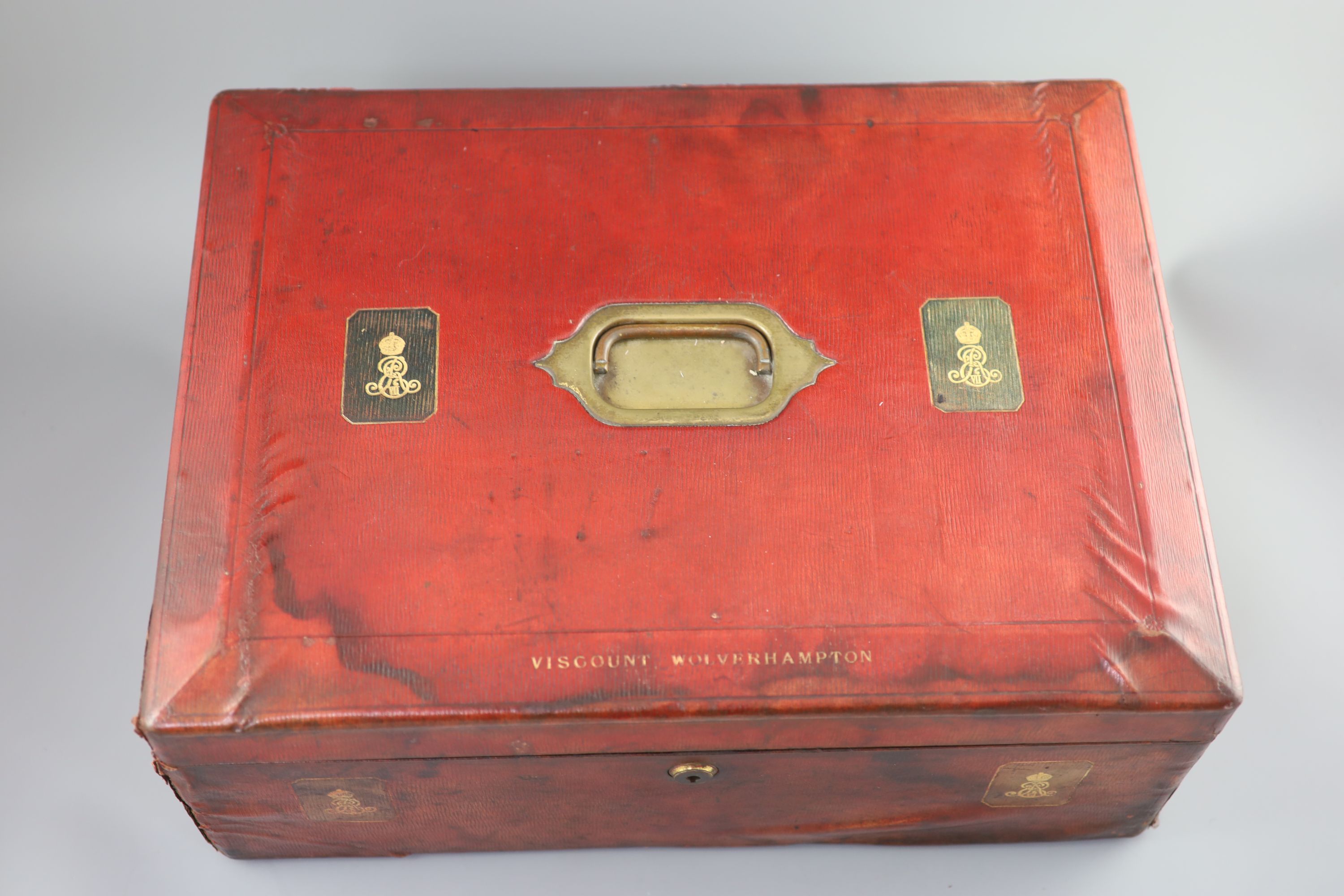 An Edwardian red morocco leather government dispatch box for Henry Hartley Fowler (1830-1911) 48 x 35cm, 20cm high.